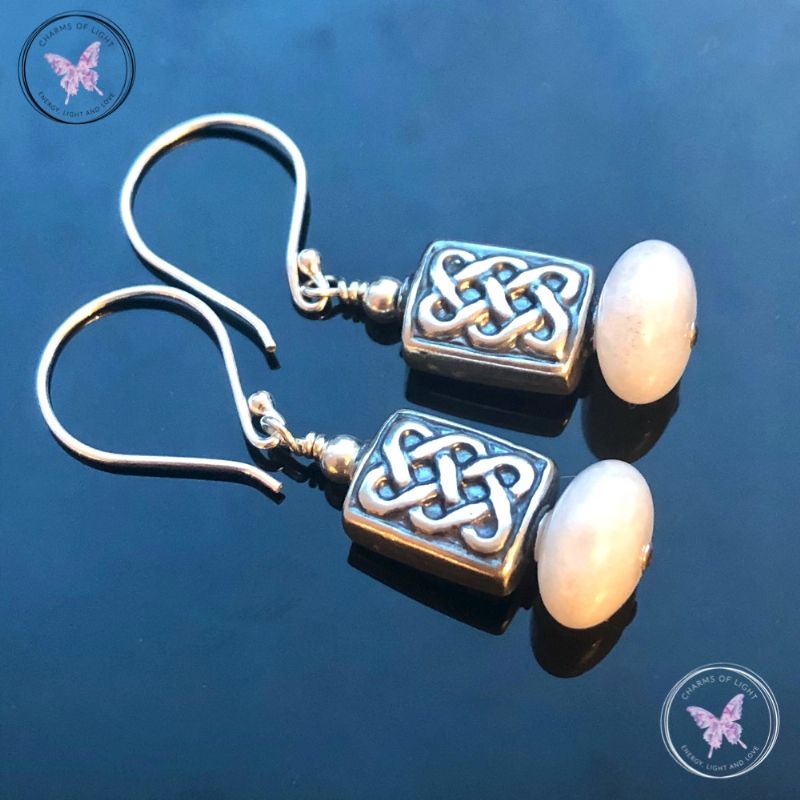 Silver Celtic White Agate Earrings